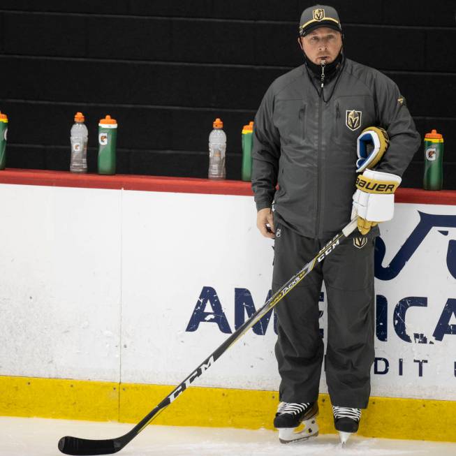 Vegas Golden Knights assistant coach Steve Spott during a team practice at City National Arena ...