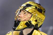 Golden Knights goaltender Marc-Andre Fleury looks on during an NHL hockey game at T-Mobile Aren ...