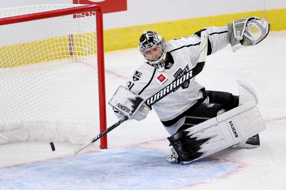 Ontario Reign's goaltender Matthew Villalta (31) misses a shot for a score by Henderson Silver ...