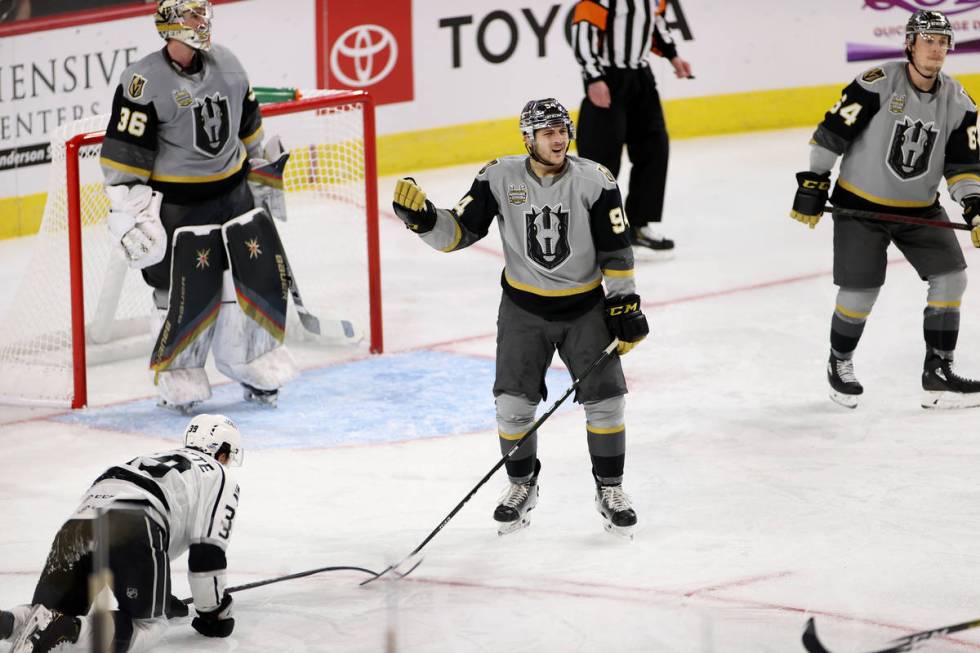 Henderson Silver Knights defenseman Brayden Pachal (94) reacts after getting called for a foul ...