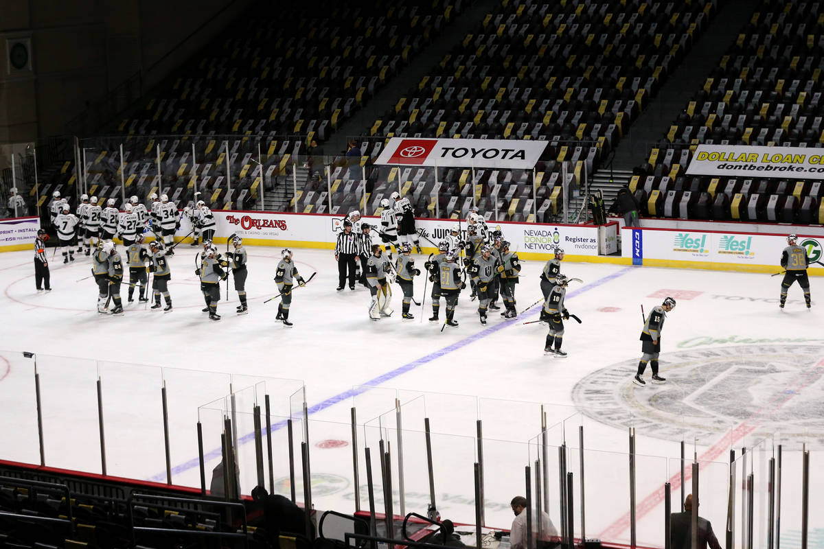 Henderson Silver Knights come together after a win against the Ontario Reign during an AHL hock ...