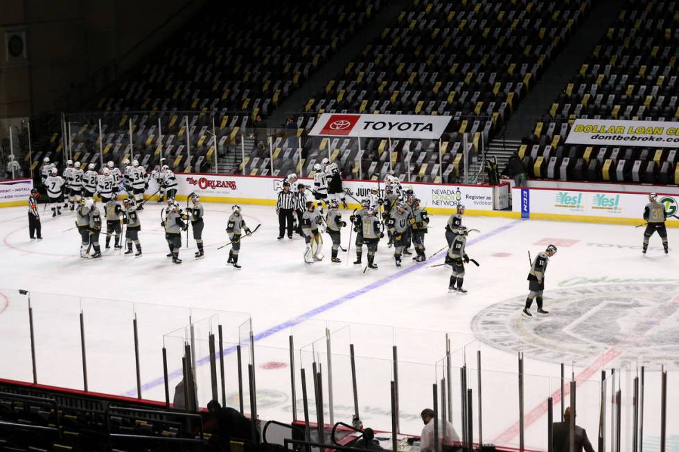 Henderson Silver Knights come together after a win against the Ontario Reign during an AHL hock ...