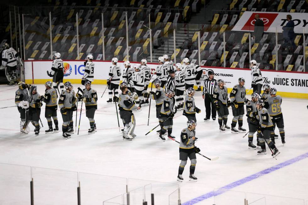 Henderson Silver Knights come together after a win against the Ontario Reign during an AHL hock ...