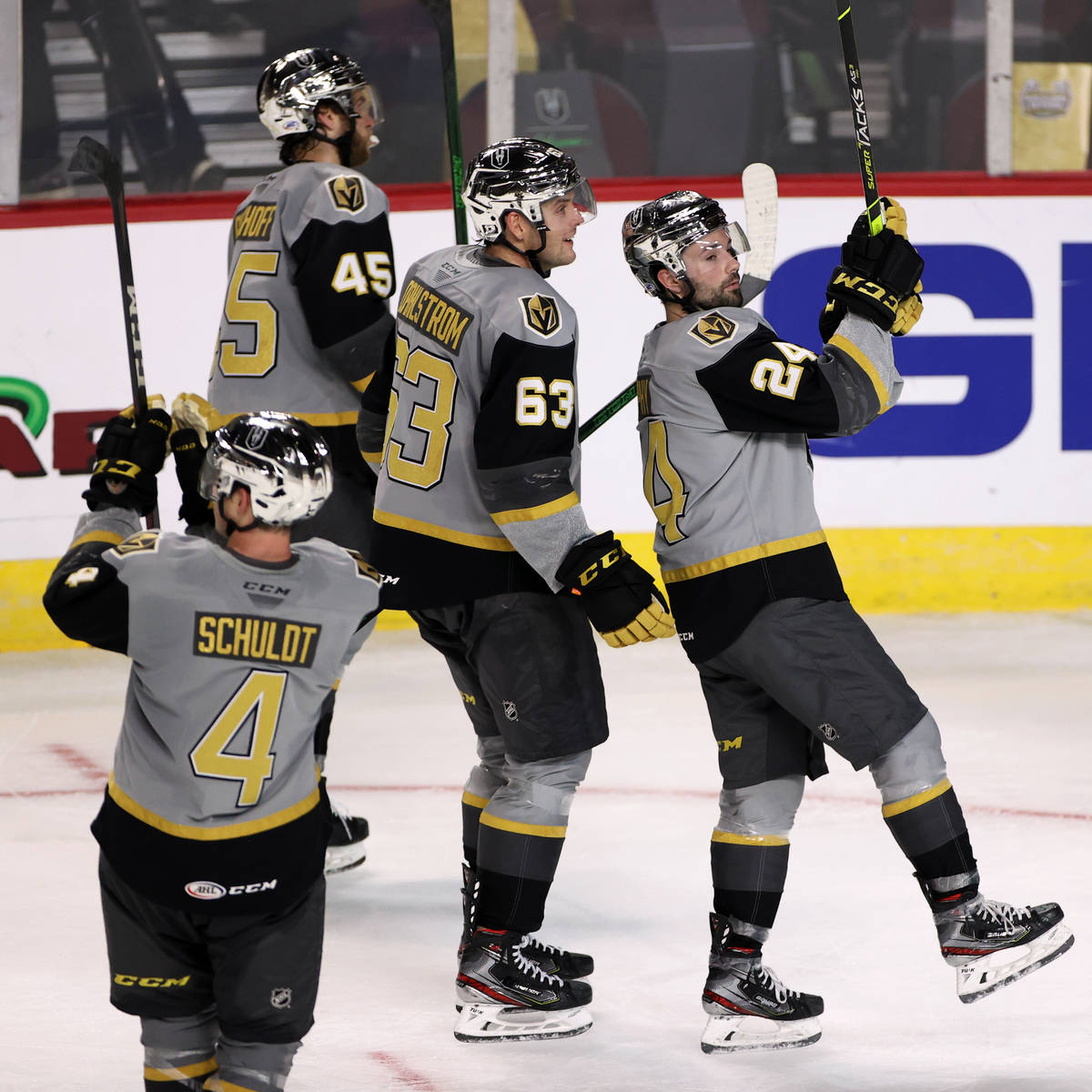 Henderson Silver Knights celebrate their win against the Ontario Reign during an AHL hockey gam ...