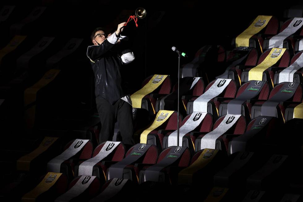 A trumpet is blown after a score by the Henderson Silver Knights against the Ontario Reign duri ...