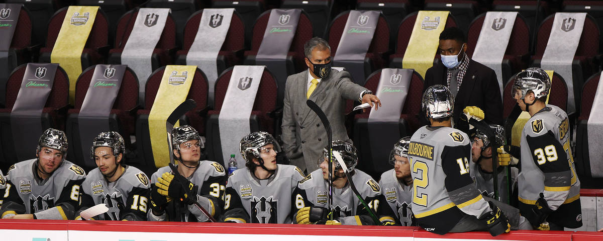 The Henderson Silver Knights bench during their first game as a team against the Ontario Reign ...