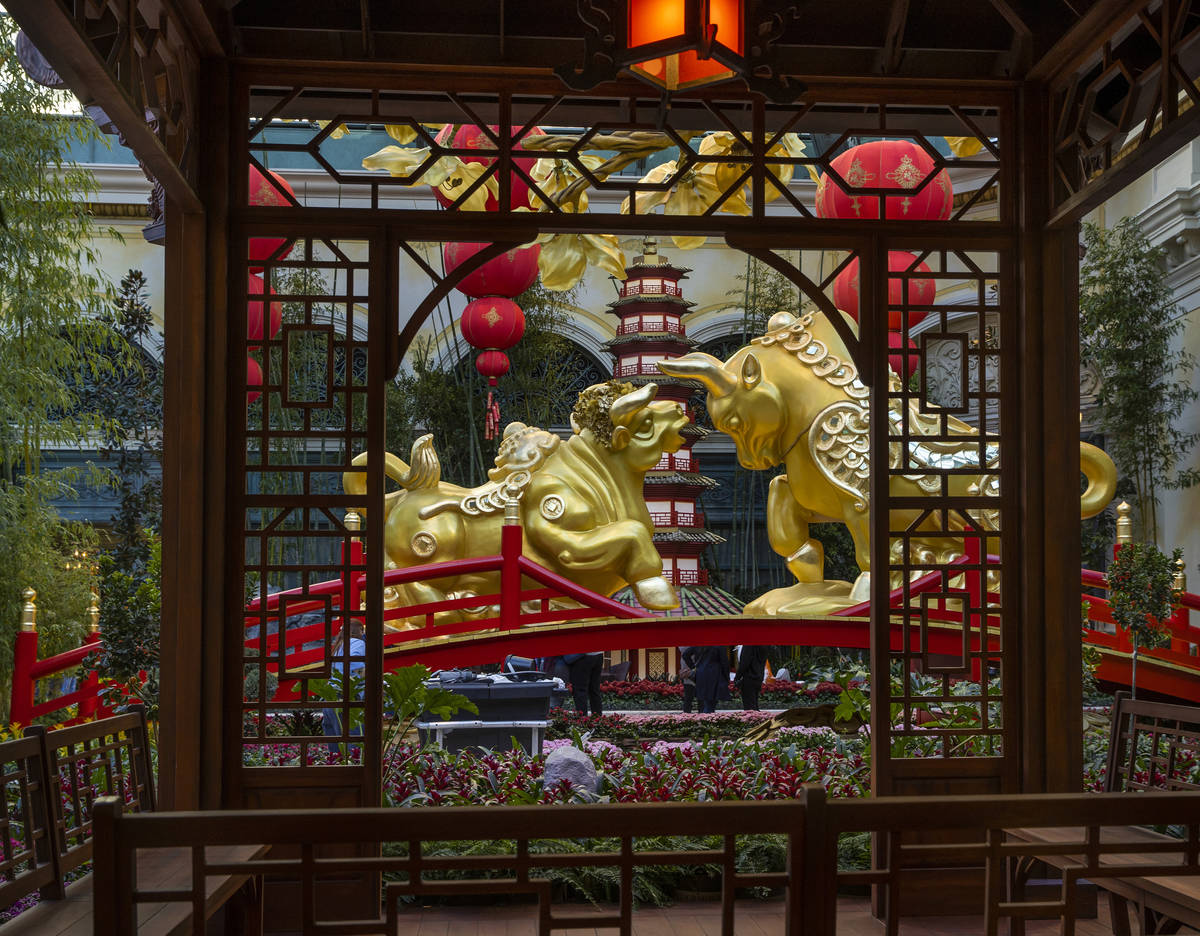 A gazebo and golden ox pair looking at each other lovingly as the Bellagio Conservatory & Botan ...