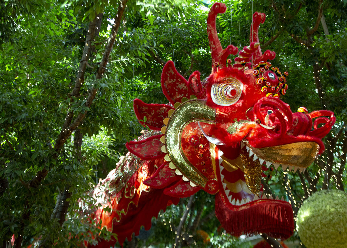 45-foot silk dragons are installed at Wynn for the Lunar New Year on Friday, Feb. 5, 2021, in L ...
