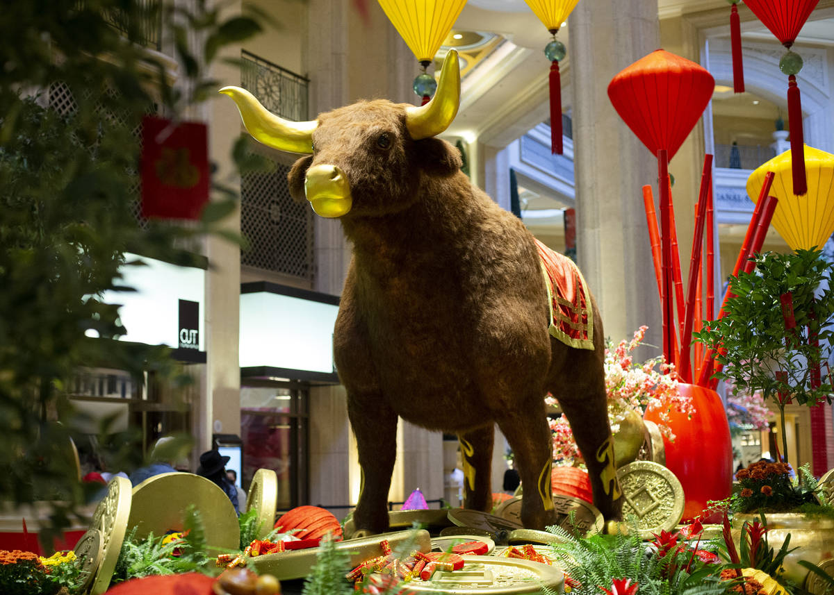 A 13-foot ox is installed for the Lunar New Year at The Venetian on Friday, Feb. 5, 2021, in La ...