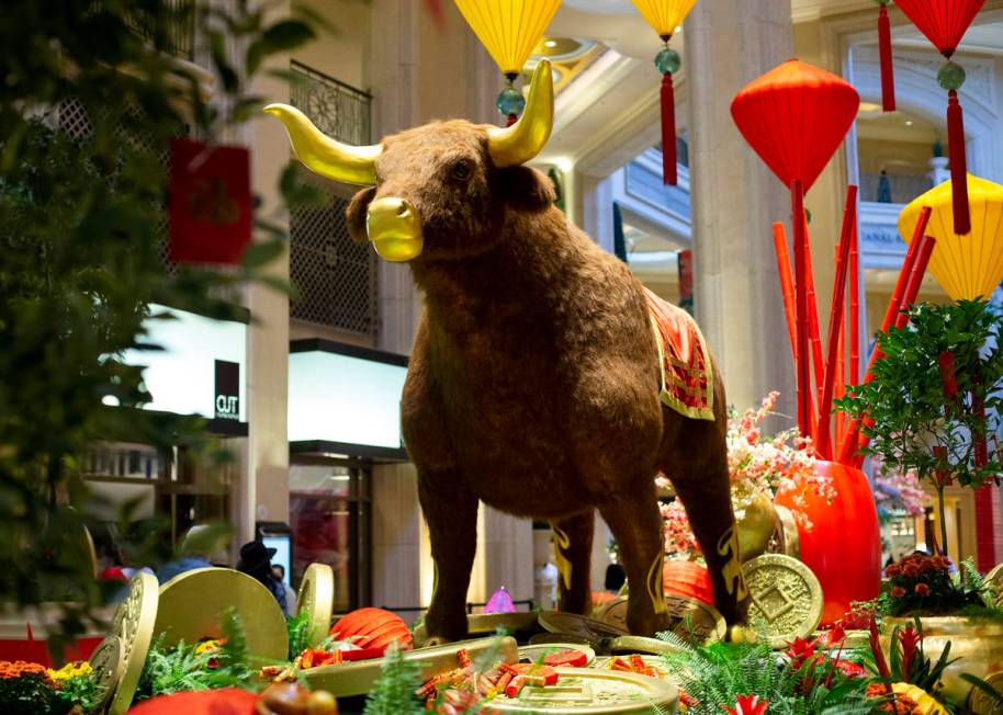 A 13-foot ox is installed for the Lunar New Year at The Venetian on Friday, Feb. 5, 2021, in La ...