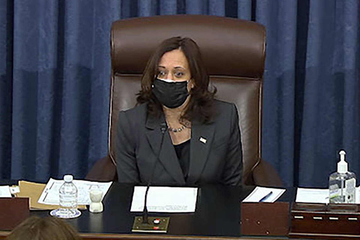 In this image from Senate TV, Vice President Kamala Harris sits in the chair on the Senate floo ...