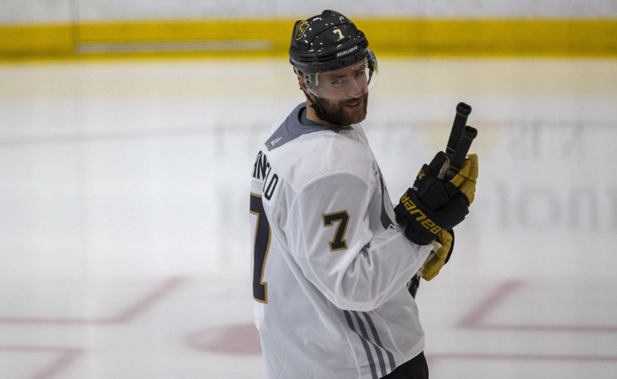 Golden Knights defenseman Alex Pietrangelo (7) during training camp on Wednesday, Jan. 6, 2021, ...