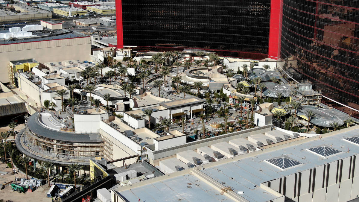An aerial photo of Resorts World Las Vegas 220,000-square-foot pool complex with seven differen ...