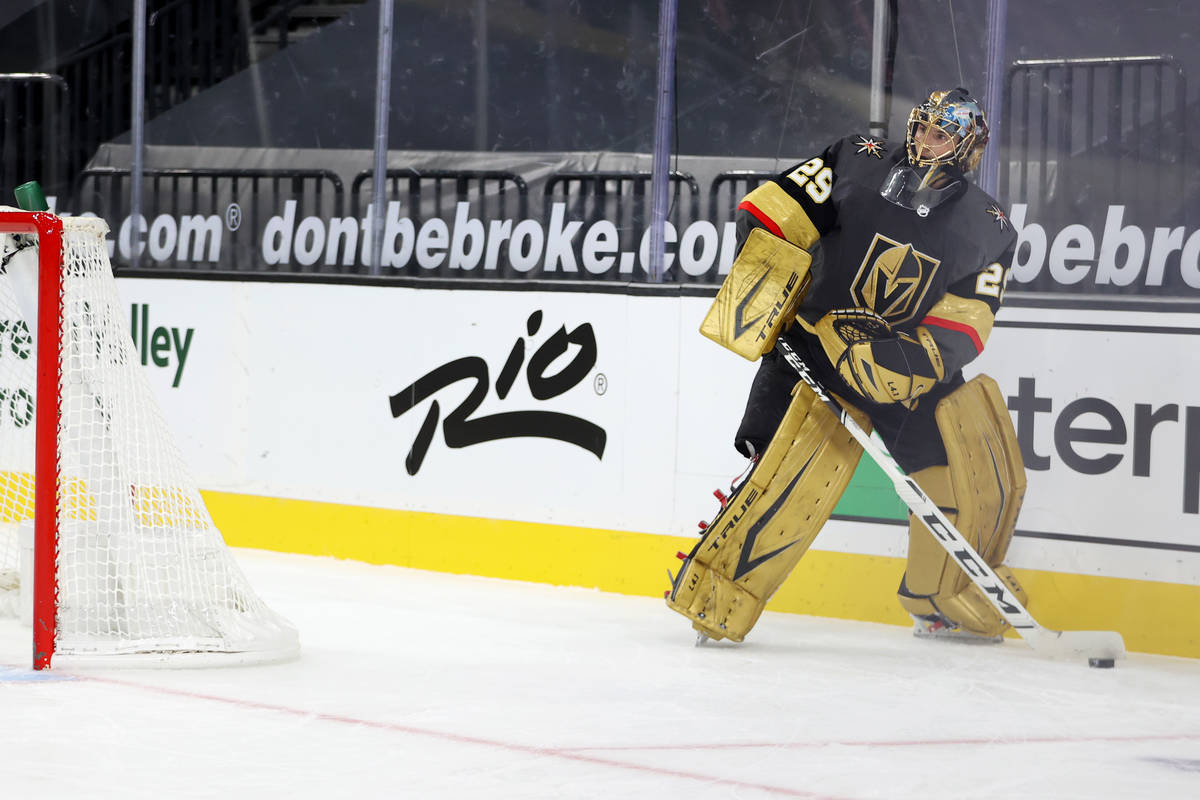 Vegas Golden Knights goaltender Marc-Andre Fleury (29) looks for an open pass during the first ...