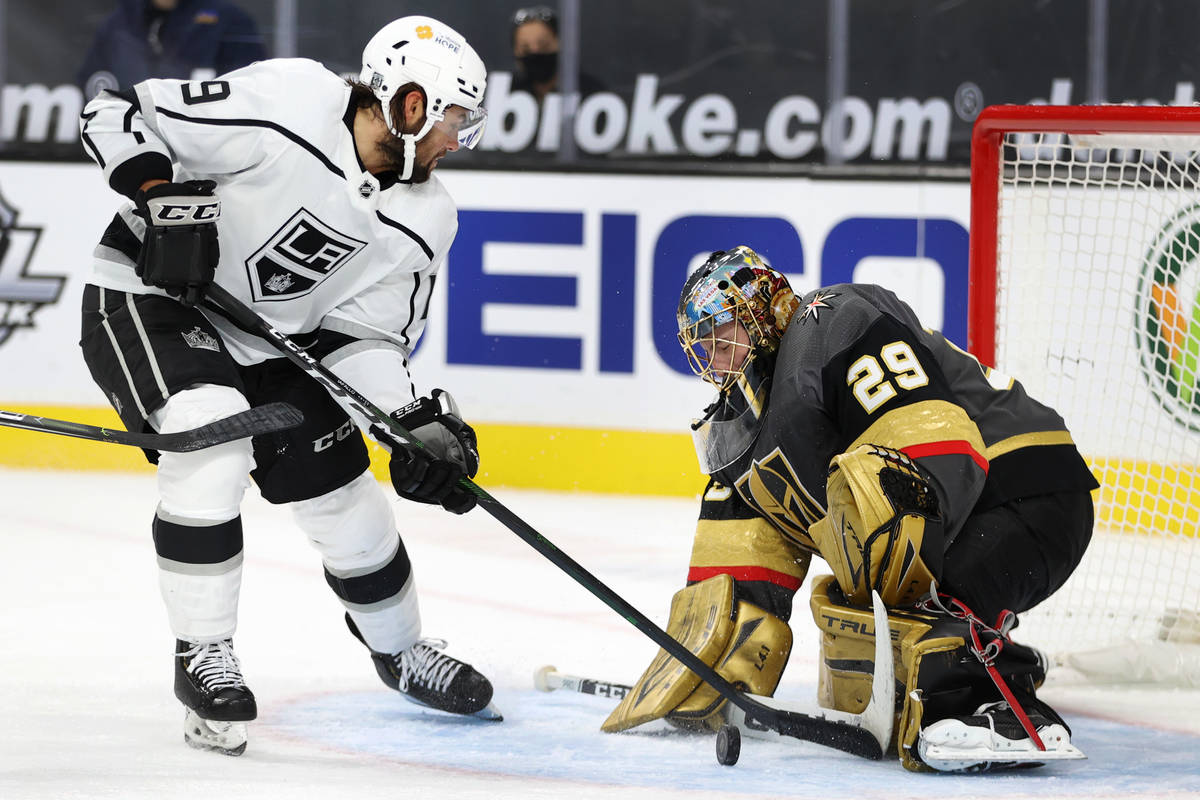 Vegas Golden Knights goaltender Marc-Andre Fleury (29) defends the goal from Los Angeles Kings ...