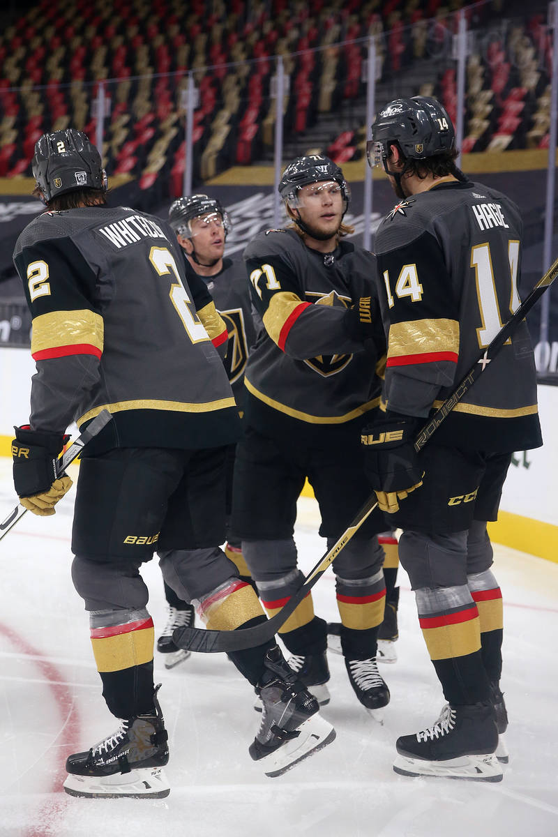 Vegas Golden Knights center William Karlsson (71) celebrates a score with his tam including def ...