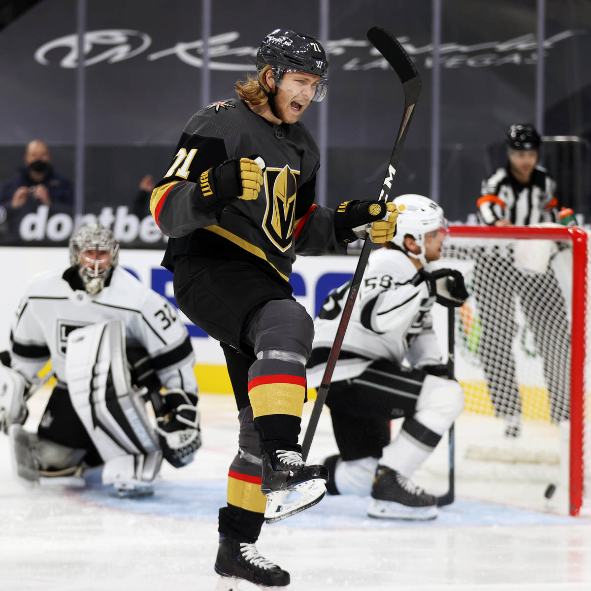 Vegas Golden Knights center William Karlsson (71) celebrates a score during the second period o ...