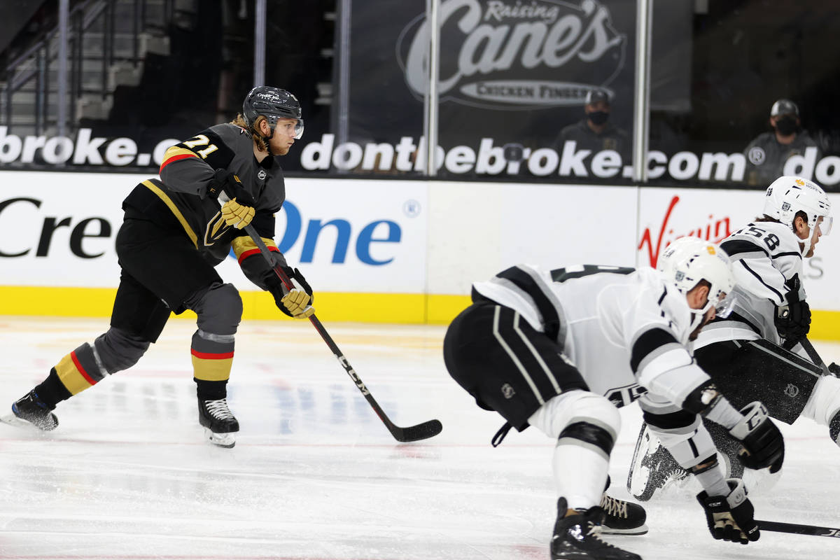 Vegas Golden Knights center William Karlsson (71) looks on after his shot for a score against t ...