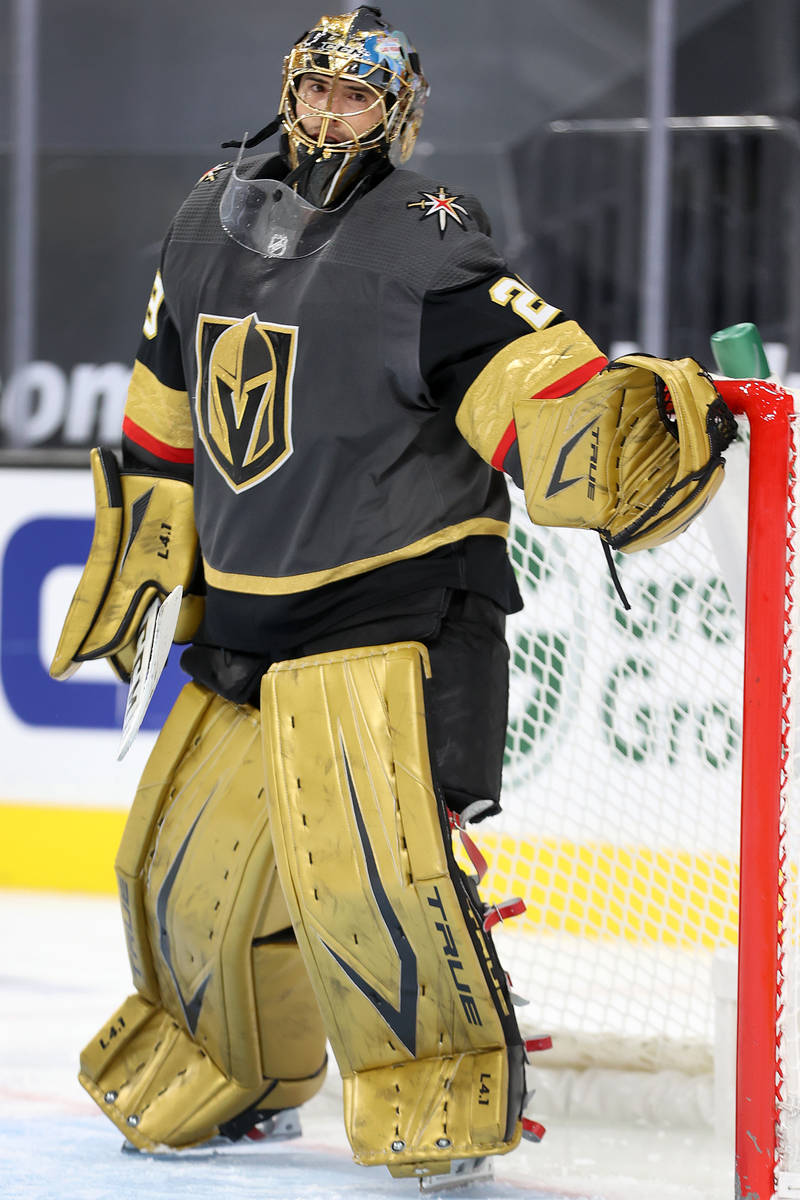 Vegas Golden Knights goaltender Marc-Andre Fleury (29) looks on during a break in the third per ...