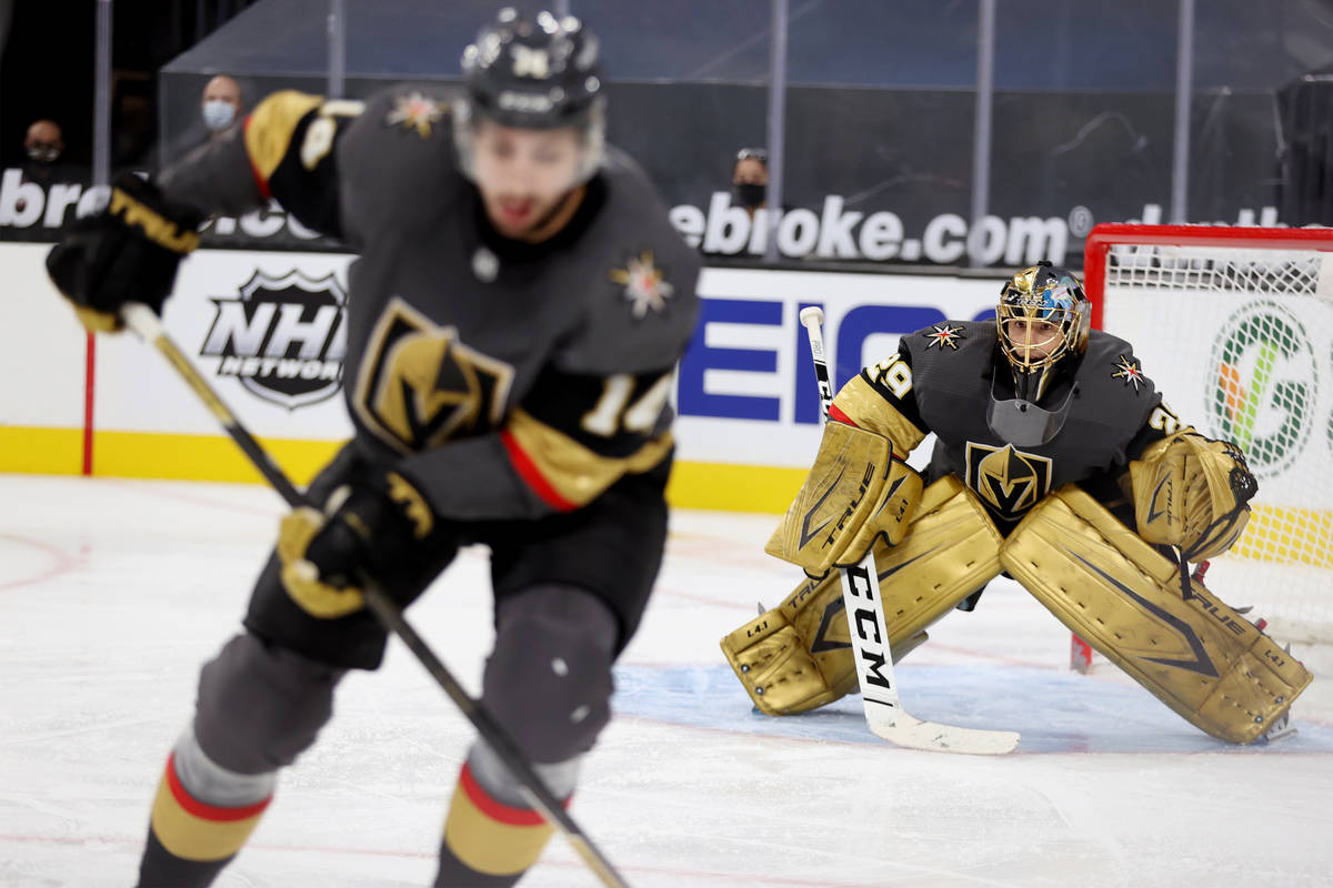 Vegas Golden Knights goaltender Marc-Andre Fleury (29) defends the goal during the third period ...