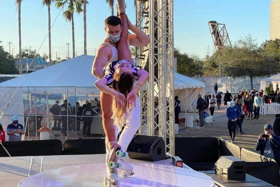 Victor and Jenny Arata of the Skating Aratas perform at the NFL Experience at Raymond James Sta ...