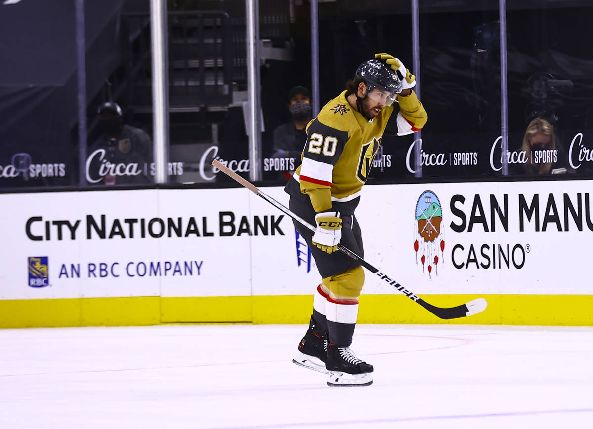 Golden Knights center Chandler Stephenson (20) looks on after scoring against the Los Angeles K ...