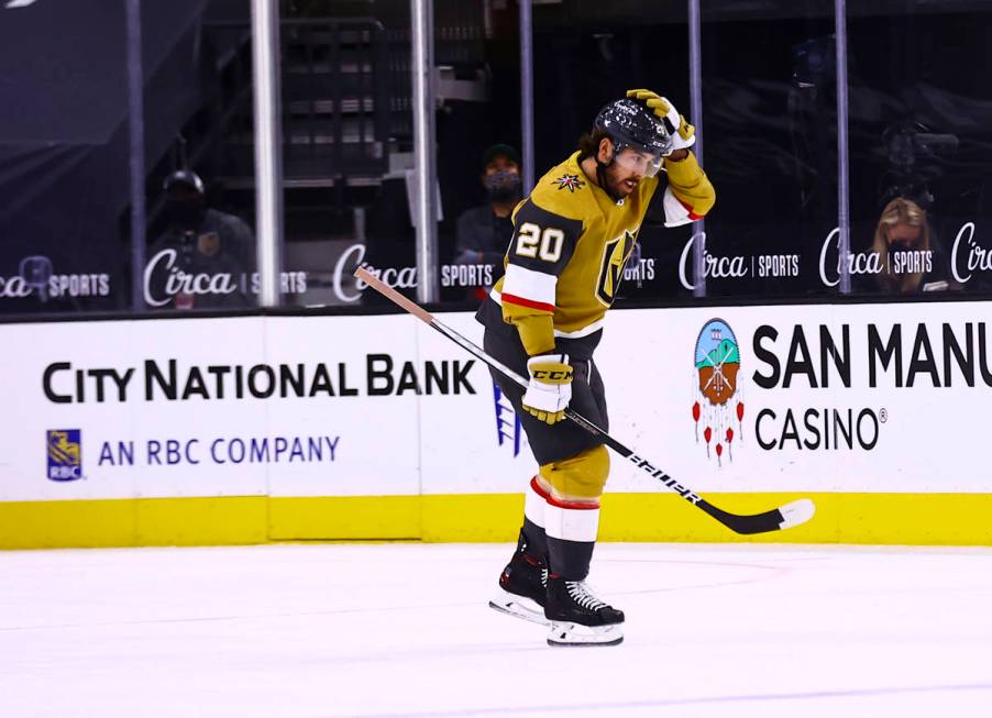 Golden Knights center Chandler Stephenson (20) looks on after scoring against the Los Angeles K ...