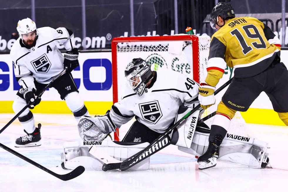 Los Angeles Kings goaltender Calvin Petersen (40) blocks a shot by Golden Knights right wing Re ...