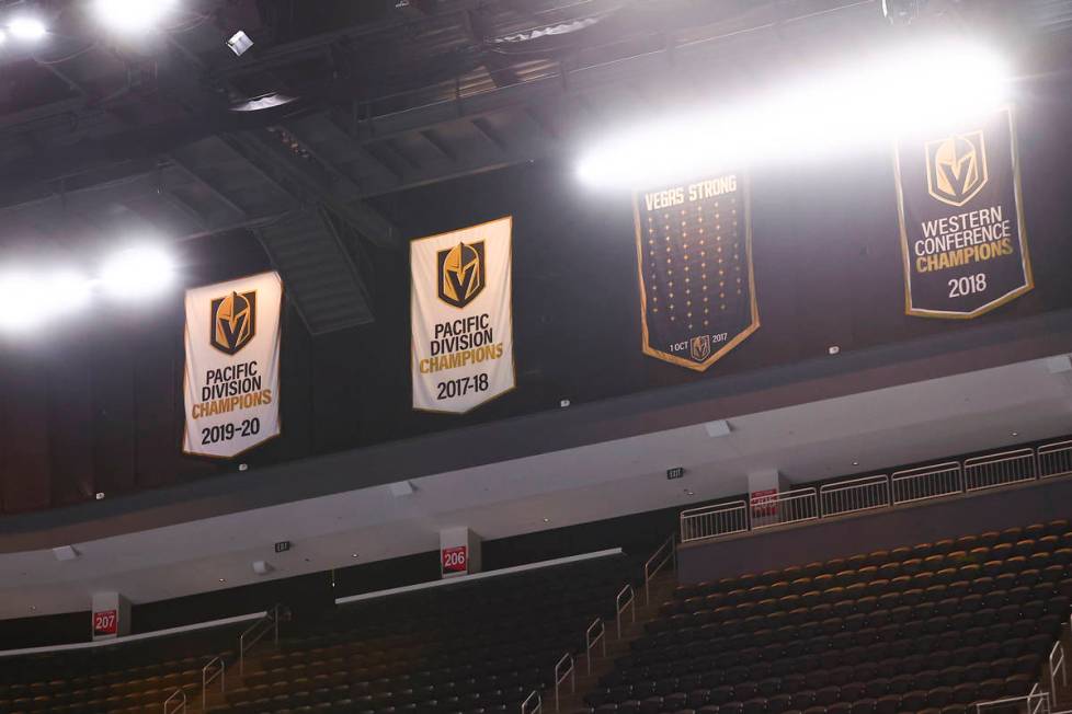 The Golden Knights' 2019-2020 Pacific Division Champions banner is seen at T-Mobile Arena in La ...