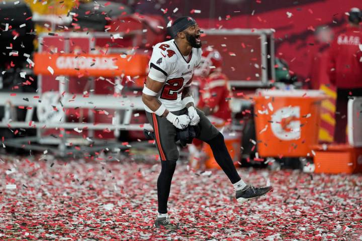 Tampa Bay Buccaneers cornerback Carlton Davis celebrates at the end of the NFL Super Bowl 55 fo ...