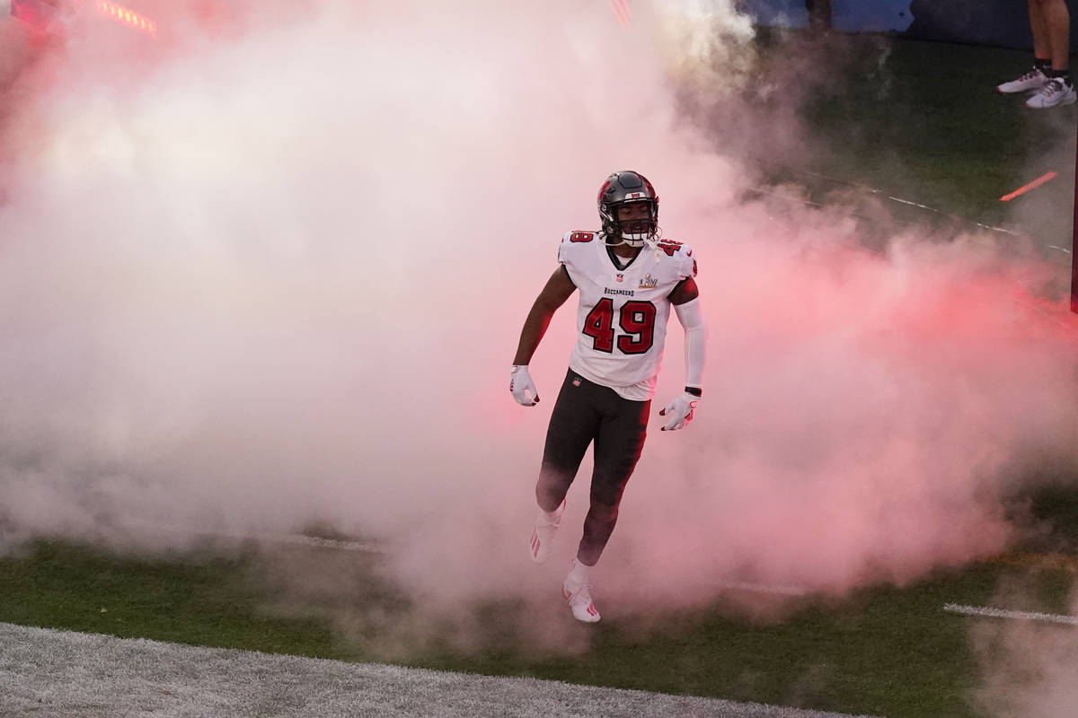 Tampa Bay Buccaneers' Cam Gill (49) runs onto the field before the NFL Super Bowl 55 football g ...