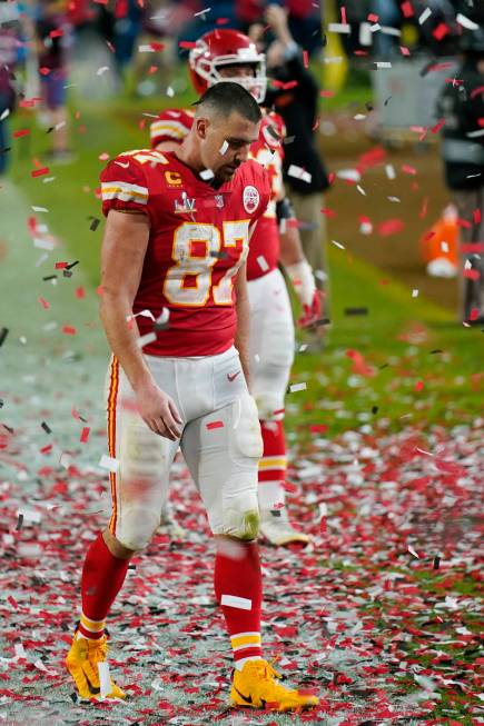 Kansas City Chiefs tight end Travis Kelce walks off the field after losing to the Tampa Bay Buc ...