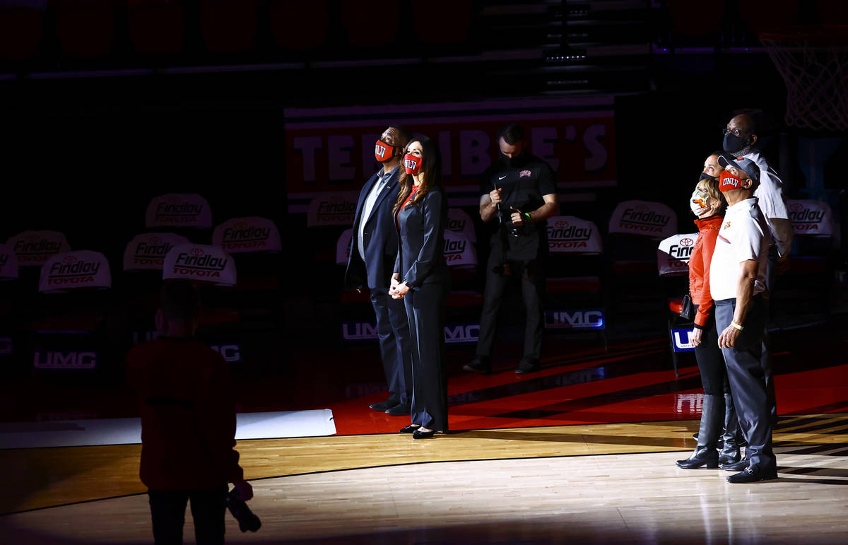 UNLV president Keith Whitfield, left, and athletic director Desiree-Reed Francois look on ...