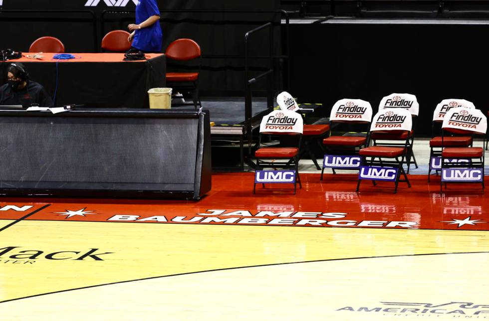 The name of donor JamesÊBaumberger is revealed on Tarkanian Court before a basketball game ...