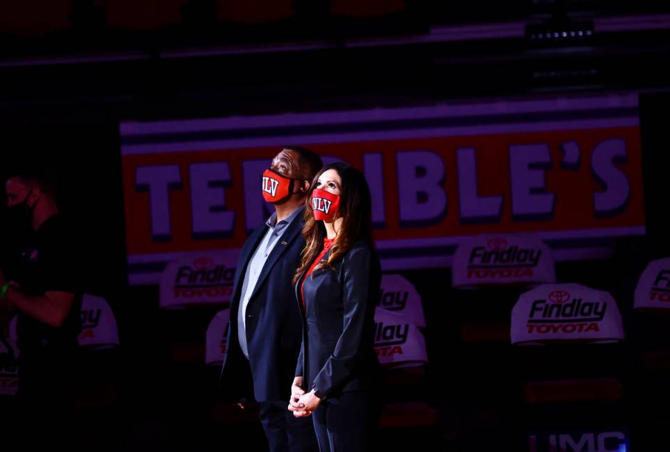 UNLV president Keith Whitfield, left, and athletic director Desiree-Reed Francois look on momen ...
