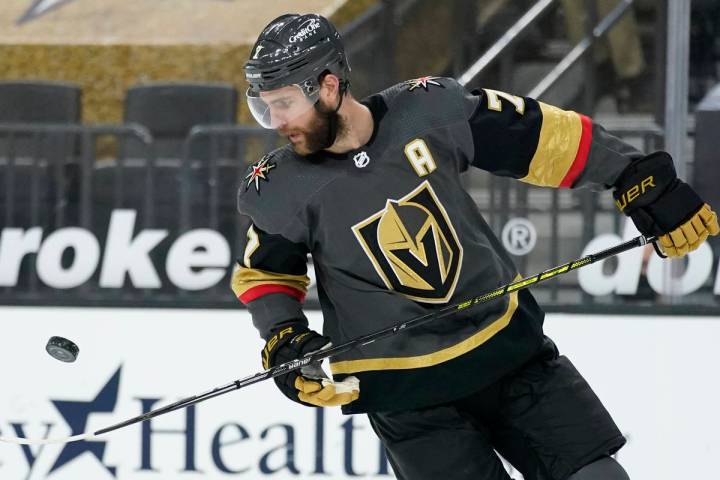 Vegas Golden Knights defenseman Alex Pietrangelo (7) plays against the St. Louis Blues in an NH ...