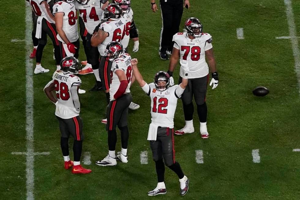 Tampa Bay Buccaneers quarterback Tom Brady (12) celebrates during the second half of the NFL Su ...
