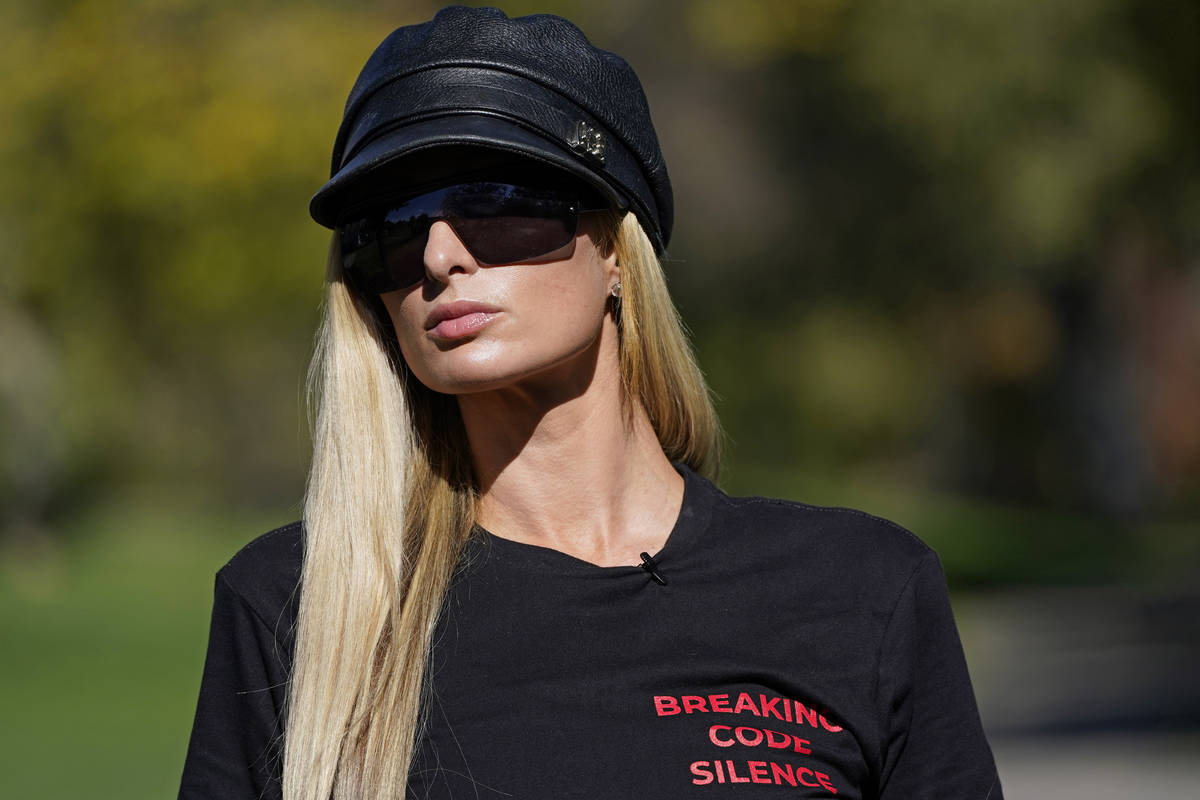 Paris Hilton looks on before speaking at a committee hearing at the Utah State Capitol, Monday, ...
