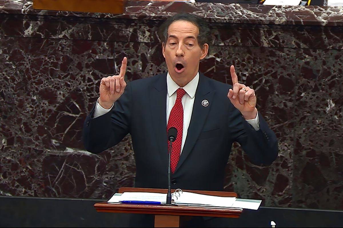 In this image from video, House impeachment manager Rep. Jamie Raskin, D-Md., speaks during the ...
