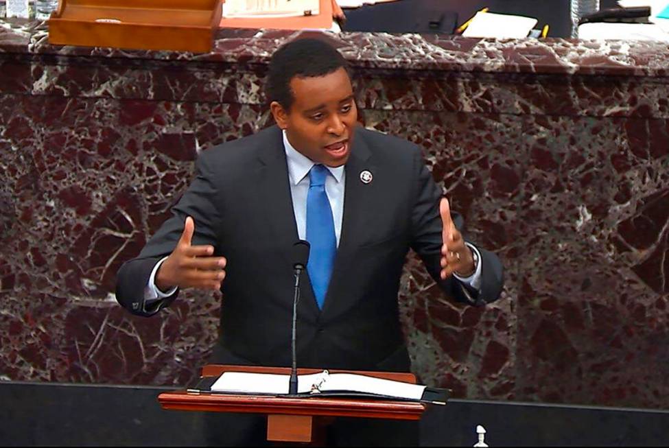 In this image from video, House impeachment manager Rep. Joe Neguse, D-Colo., speaks during the ...