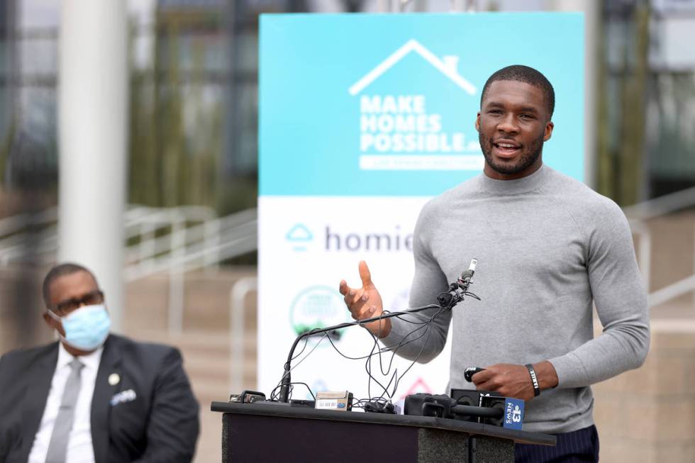 Raiders player Nelson Agholo speaks during a press conference to announce the formation of the ...