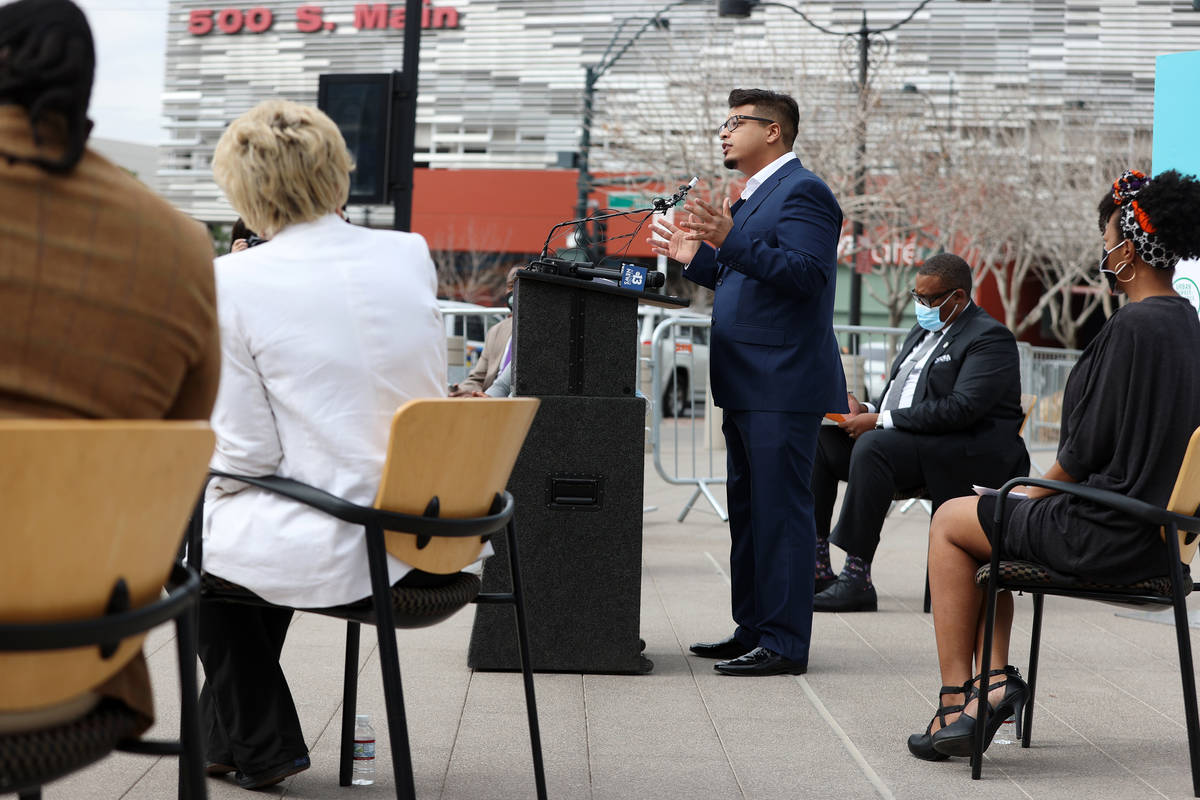 Elias Benjelloun, head of Homie Helps Las Vegas, speaks during a press conference to announce t ...