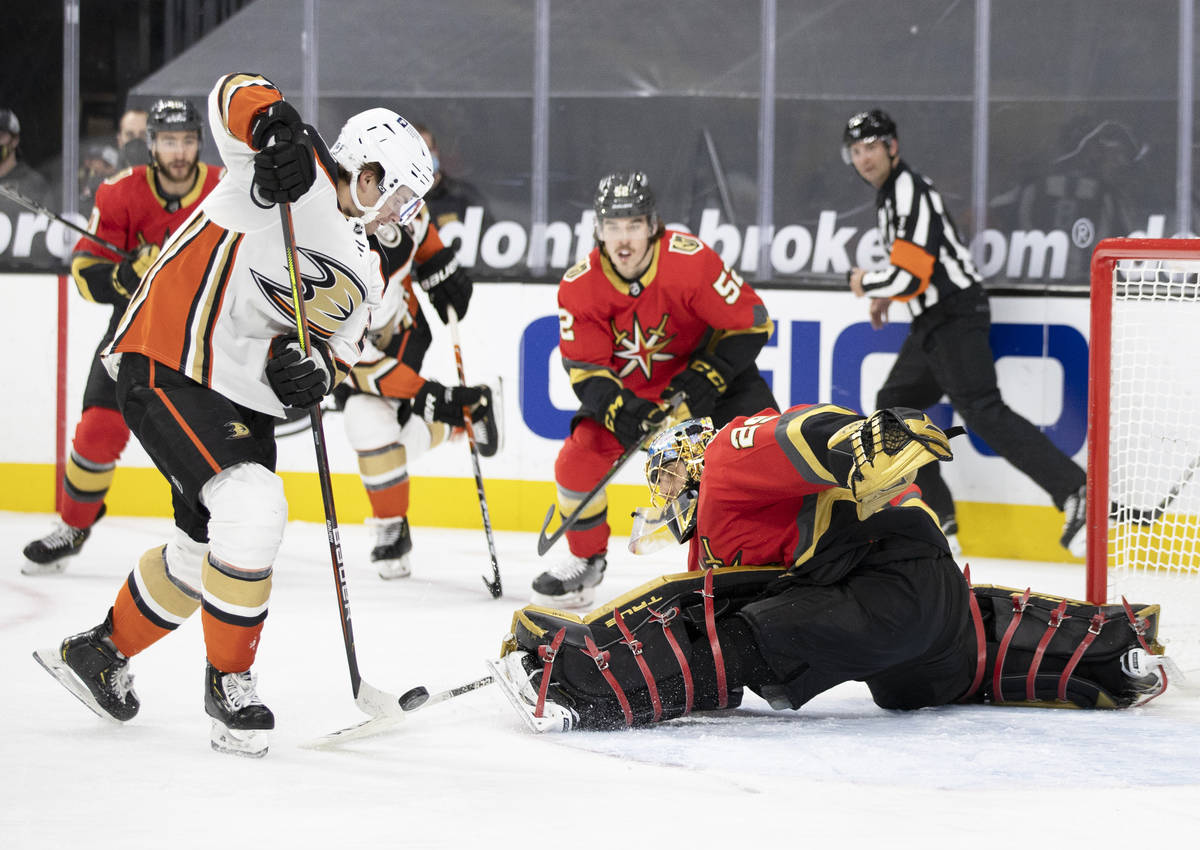 Vegas Golden Knights goaltender Marc-Andre Fleury (29) makes a save against Anaheim Ducks cente ...