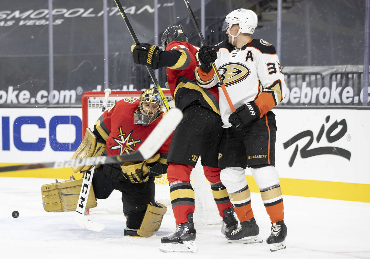 Vegas Golden Knights goaltender Marc-Andre Fleury (29) makes a save against Anaheim Ducks right ...