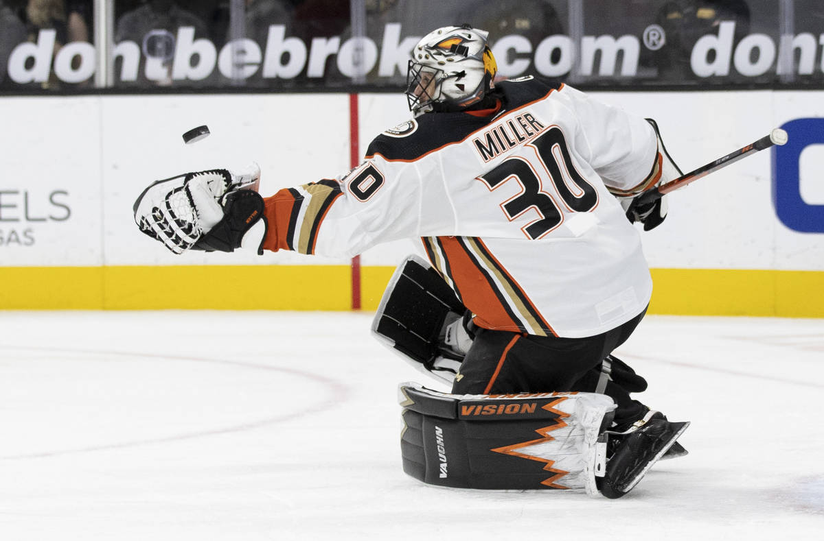 Anaheim Ducks goaltender Ryan Miller (30) makes a save in the second period during an NHL hocke ...