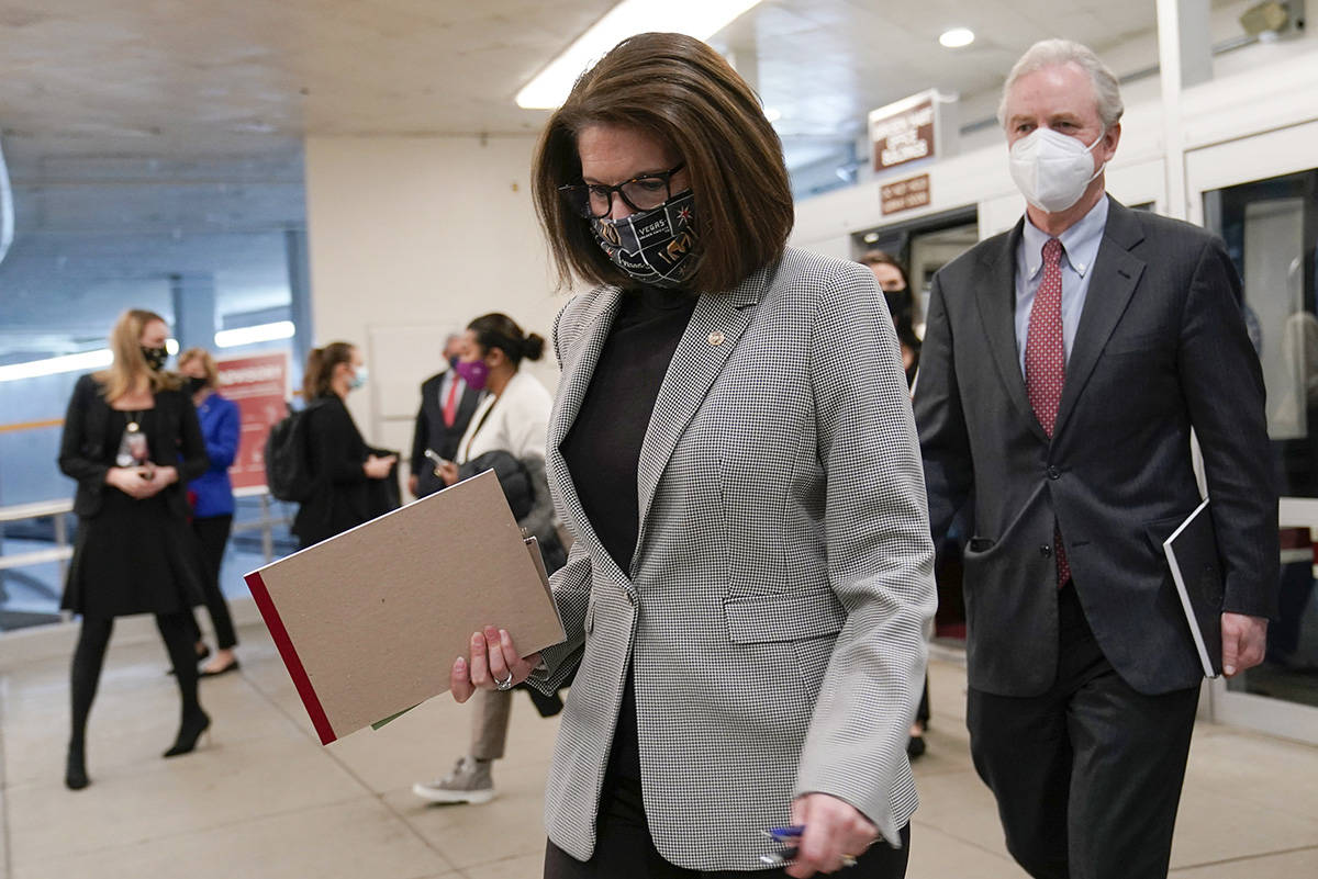 Sen. Catherine Cortez Masto, D-Nev., arrives for the second impeachment trial of former Preside ...