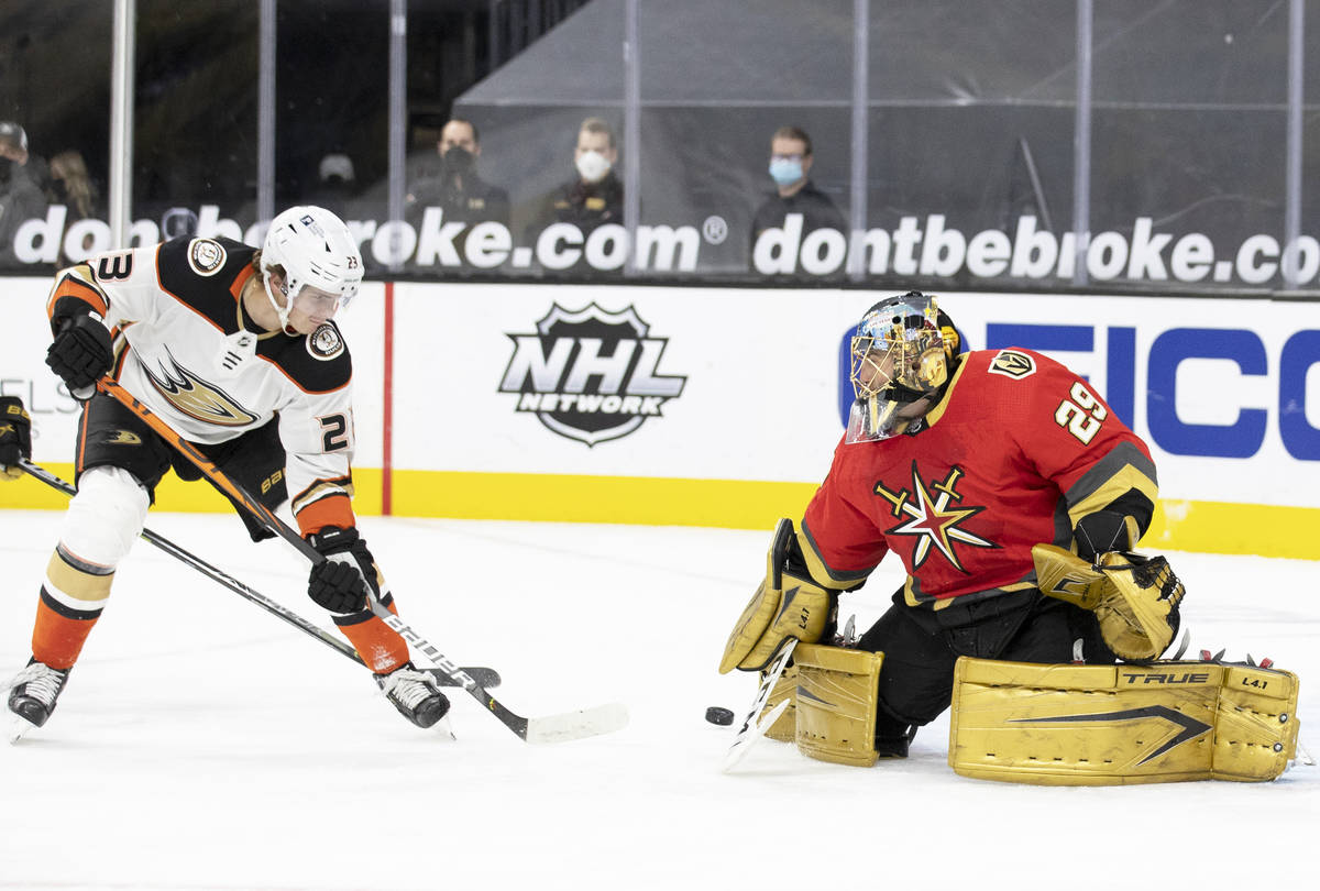 Vegas Golden Knights goaltender Marc-Andre Fleury (29) makes a save against Anaheim Ducks cente ...