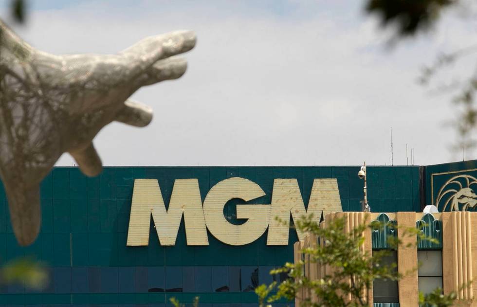 MGM Grand sign and the Bliss Dance statue at The Park photographed on Friday, Aug. 28, 2020, in ...