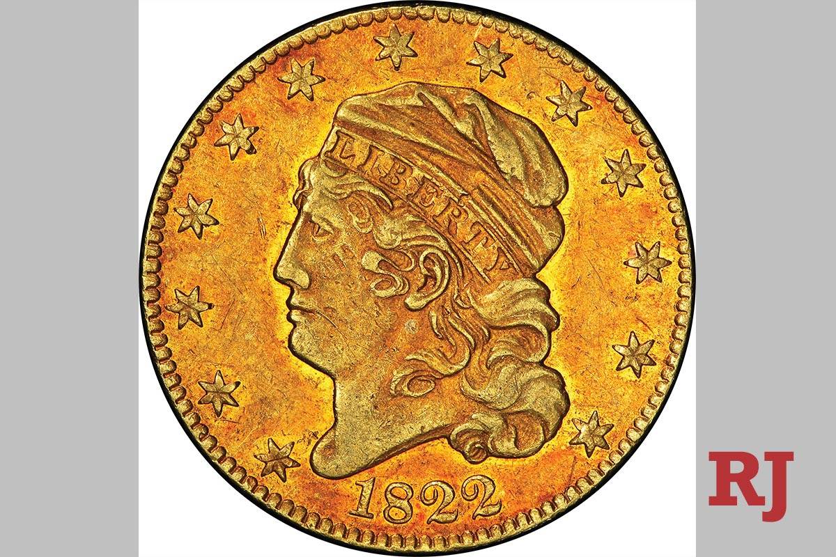 A rare 1822 half eagle to be auctioned March 25, 2021, at the Bellagio in Las Vegas. (Stack's B ...