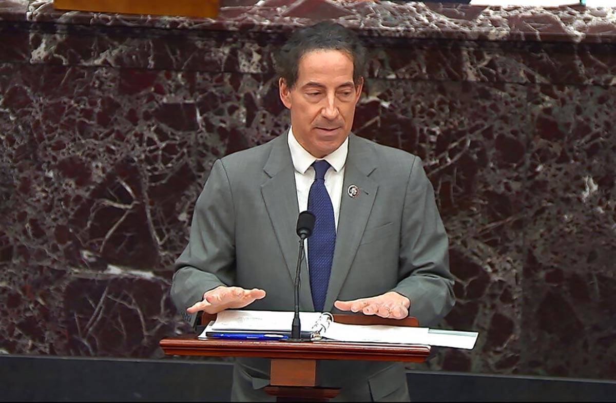 In this image from video, House impeachment manager Rep. Jamie Raskin, D-Md., speaks during the ...